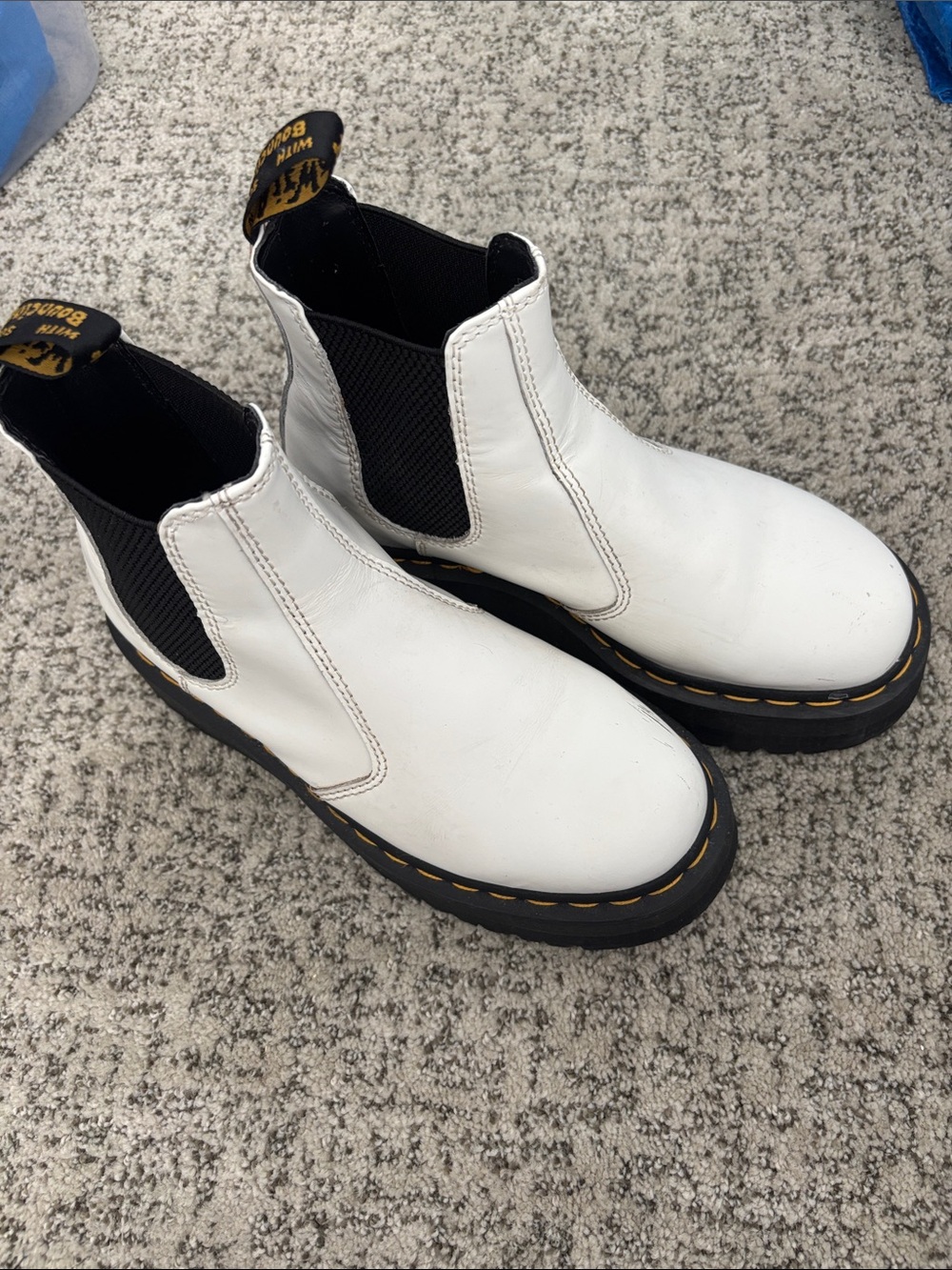 Dr. Martens White Chelsea Boots with Black Elastic and Yellow Stitching